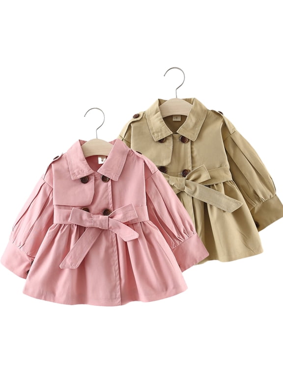 Toddler Baby Girl Belted Trench Coat Dress Spring Double Breasted Ruffle Trim Long Sleeve Cotton Windbreaker Outerwear for 6M-4Y