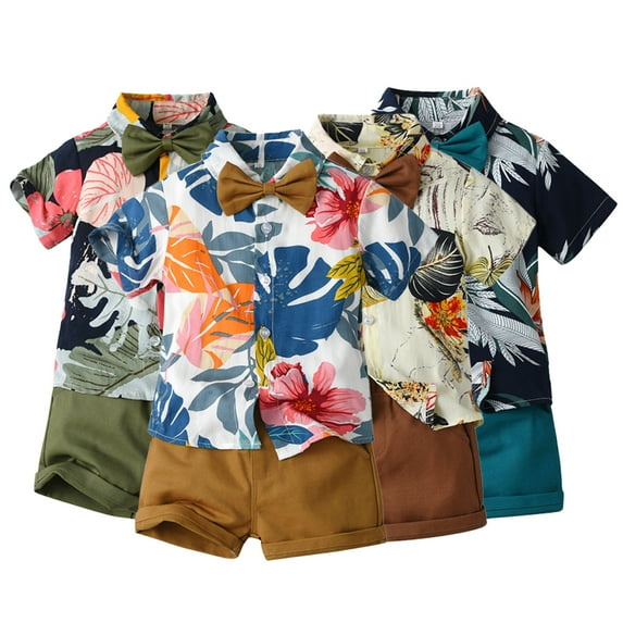 Esaierr 6M-6Y Kids Boys Summer Hawaiian Shirt Outfits Toddler Baby Hawaiian Outfits Print Button down Shirt + Shorts Vacation Beach Style Short Sleeved Shirt Set
