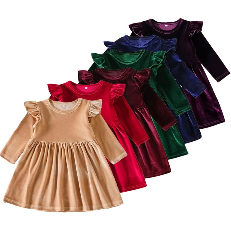 Esaierr 9 Months 5 Years Solid Color Dress for Baby Infant Fall Winter Dresses Long Sleeve Party Gown Single Sided Velvet Lace Ruched Princess Dress