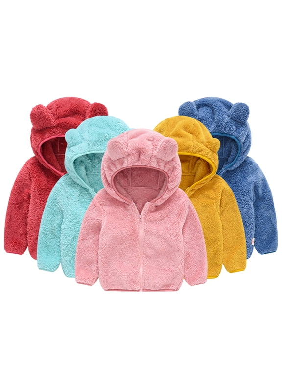 9M-5Y Todder Newborn Ears Hooded Fleece Jacket Solid Color Warm Coat Boys Girls Zipper Shirt Outerwear Winter Tops