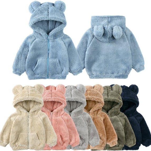 Esaierr 9M-6Y Toddler Girls Boys Fleece Hooded Jacket for Newborn Warm Winter Outerwear Coat Pockets Long-Sleeved Zip Ear Cute Jackets