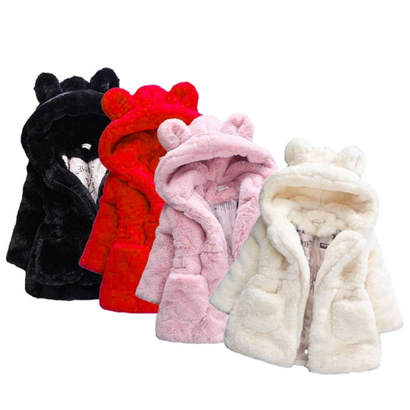 Esaierr 9M- 8Y Girls Ears Hooded Fleece Jacket for Kids Newborn Zipper Sandwich Cotton Coats Elastic Waist Imitation Fur Cotton Jacket Warm Cotton Outerwear Fall Winter