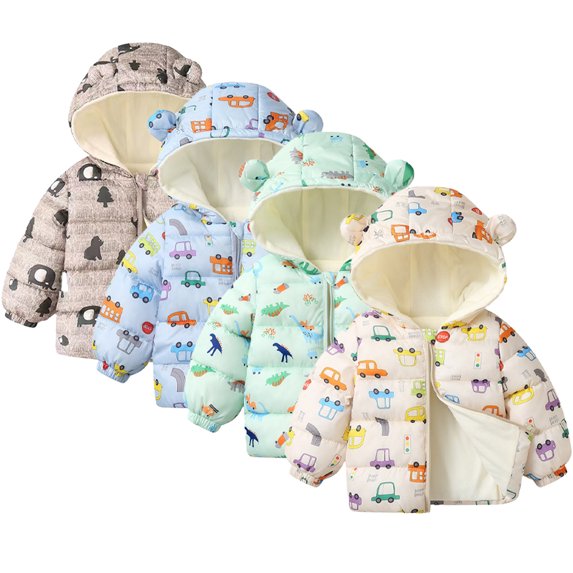Esaierr Autumn Winter Fleece Lined Cotton Jacket for Toddler Kids Boys Girls Ears Hooded Puffer Coats Printed Thickened Short Cotton Outerwear For1-6 Years Old