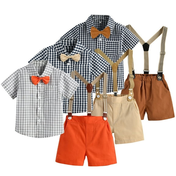 Esaierr Baby Boys Gentleman Clothes 3PCS Outfits Toddler Short Sleeve Plaid Dress Shirt Bowtie Suspender Shorts Spring Summer Formal Clothes Set for Kids 6 Months - 8 Years
