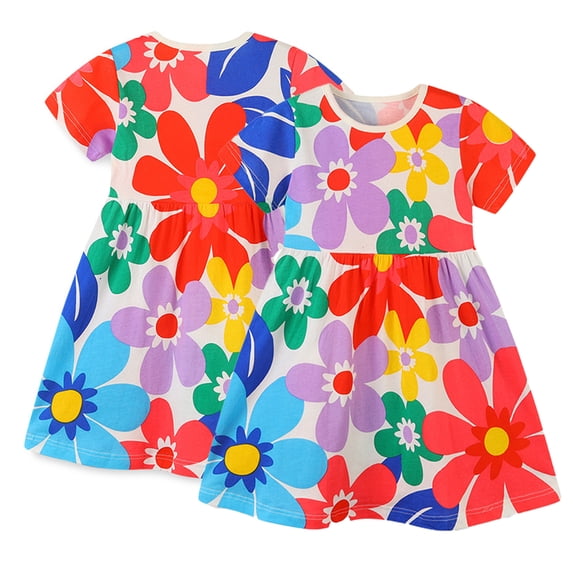 Esaierr Baby Girls Cartoon Printed Dress Toddlers Spring Summer Pullover Dress Kids Knitted Cotton Short Sleeve Princess Skirt for Girls 2-7T
