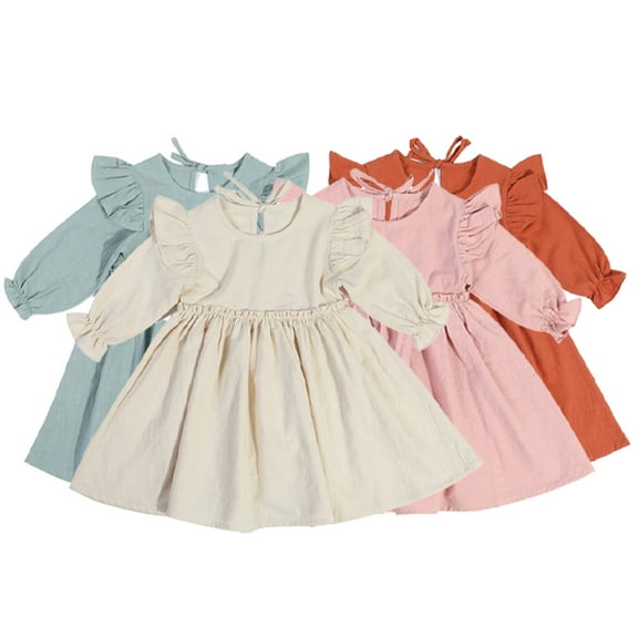 Esaierr Baby Girls Dress for Kids Ruffle Long Sleeve Casual Dress Toddler Solid Spring Fall Girls One-Piece Dresses for 2-6 Years