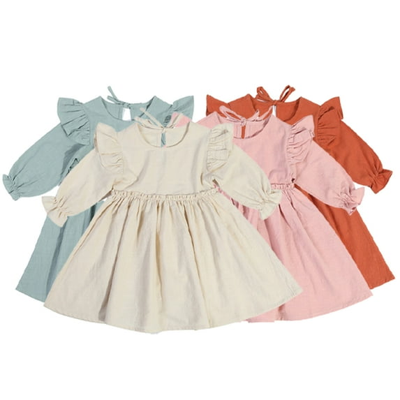 Esaierr Baby Girls Dress for Kids Ruffle Long Sleeve Casual Dress Toddler Solid Spring Fall Girls One-Piece Dresses for 2-6 Years