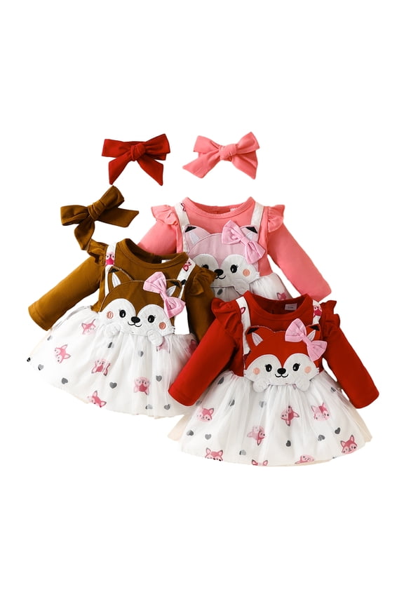 Baby Girls Fox Embroidery Dress,Newborn Girls Bow Printed Casual Dress,Spring Fall Fake Straps Mesh Dress for 0-18 Months