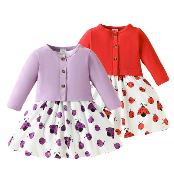 Esaierr Baby Girls Ladybug Print Dress Set,Newborn Long Sleeve Cardigan Jacket,Toddler Sleeveless Dress,Fall Solid Color Casual Dress for 6m-3y
