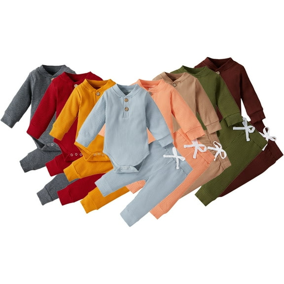 Esaierr Baby Infant Boys Girls Clothes Jumpsuit Outfits 2PCS Fall Winter Long Sleeve Cotton Romper Drawstring Pants Unisex Newborn Loungewear Set 0-24M