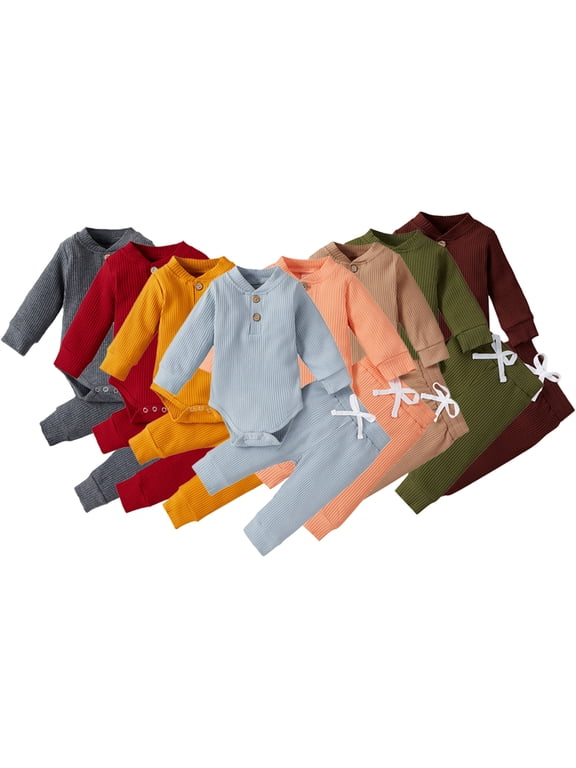 Baby Infant Boys Girls Clothes Jumpsuit Outfits 2PCS Fall Winter Long Sleeve Cotton Romper Drawstring Pants Unisex Newborn Loungewear Set 0-24M