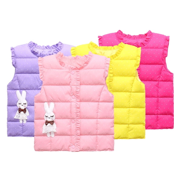 Godderr Girls Crewneck down Cotton Vest for Baby Kids 2-10 Years Ruffles Princess Waistcoat Cartoon White Rabbit Warm Sleeveless Jacket Buttons Cotton Jacket Winter Tops