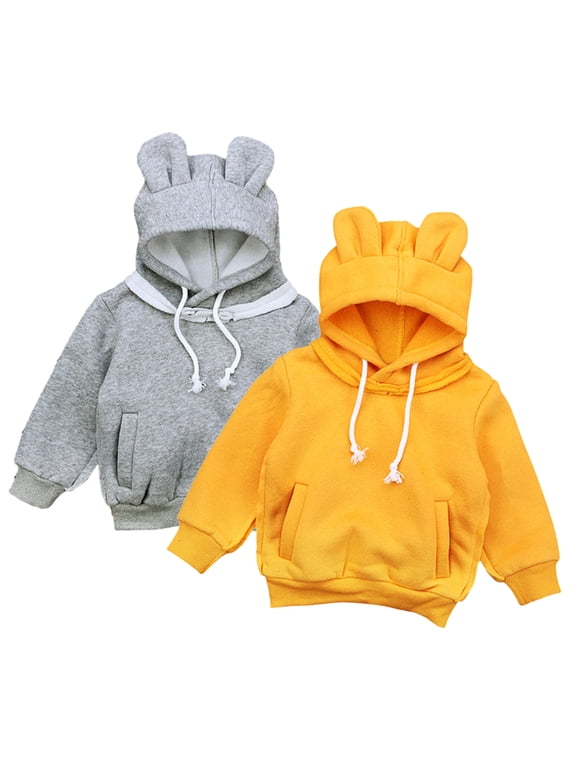 Baby Newborn Boys Girls Bear Ears Hooded Fleece Sweatshirts Toddler Unisex Padded Spring Fall Sweatshirt Solid Color Warm Tops Coats for 9 Months-4 Years
