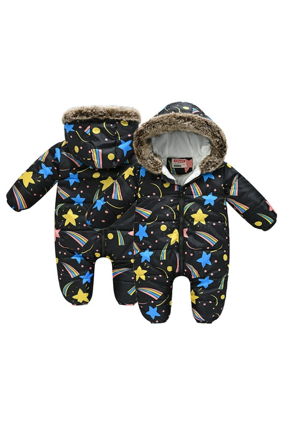 Baby Newborn Winter Snowsuit Coat for Boys Girls Hooded Jumpsuit Warm Romper Printed Zipper Jacket for 3M-3Y