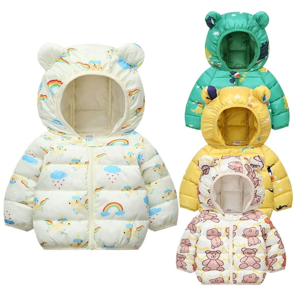 Esaierr Boy Girl Winter Fleece Coats for Baby Toddler 2-7Y Kids Winter Warm Ears Hooded Puffer Lightweight Puffer Jacket Coat Kids Short Cartoon Printing Snow Down