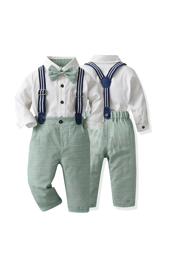 Boy Long Shirt Dressy Outfit for Toddler Kids 1-12Y Dress Shirt Bowtie+suspender Pants , Gentleman Suits with Detachable Suspenders