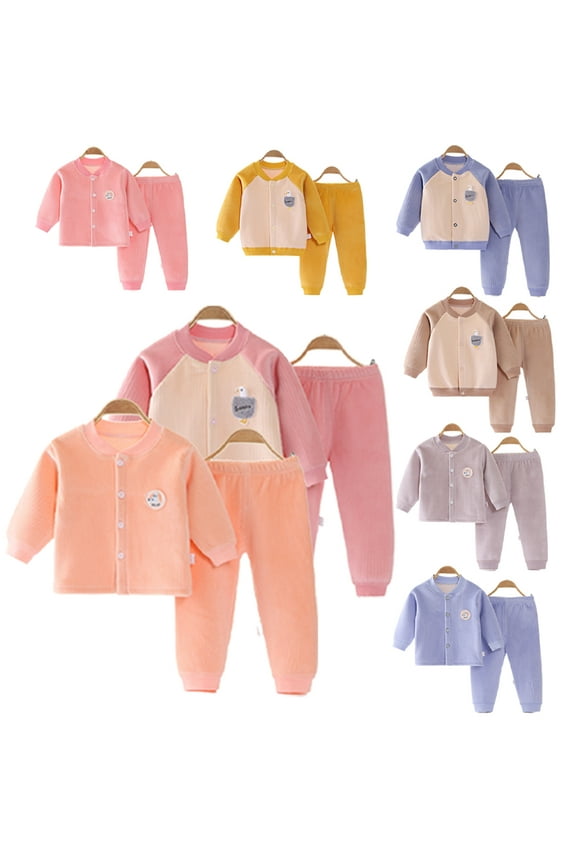 Boys Girls Fleece Thermal Underwear 2Pcs Outfit for Baby Newborn Plush Cardigan Thermal Pjs+Pants Long Johns Toddler Warm Sleep Outfit Autumn Winter 3 Months-24 Months