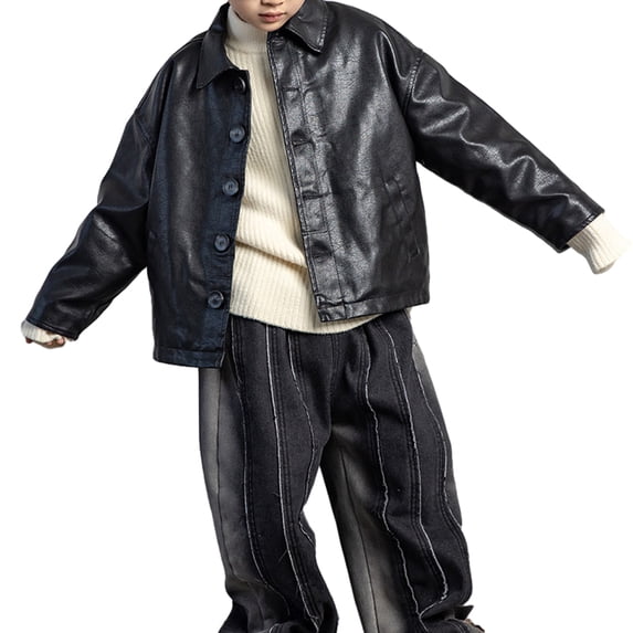 Esaierr Boys Girls PU Leather Jackets for Toddler Kids fall Winter Outerwear Long-Sleeved Lapel Zipper Warm Thick Leather Coats Outerwear Motorcycle Costume for Kids,Size 1-7Y