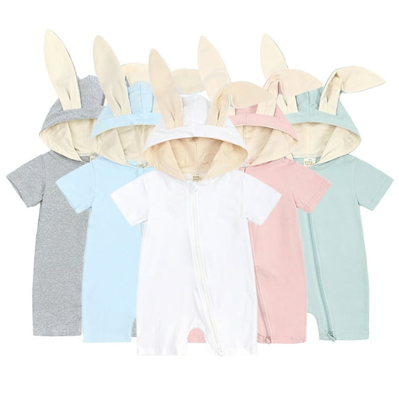 Esaierr Boys Girls Summer Jumpsuit for Baby Newborn,Infant Short Sleeve One-Piece Romper Cotton Romper Cute Hoodie Zipper Bodysuits,Size 1M-18M