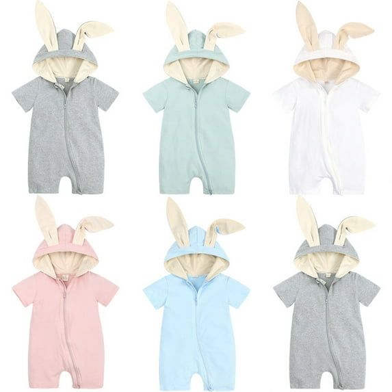 Esaierr Boys Girls Summer Jumpsuit for Baby Newborn,Infant Short Sleeve One-Piece Romper Cotton Romper Cute Hoodie Zipper Bodysuits,Size 1M-18M