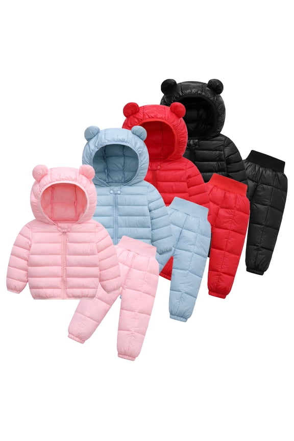 2Pcs Kids Baby Puffer Outerwear down Pants Set for Boys Girls 9M-5Y Toddler Two-Piece Ski Suits Bear Hoods down Coat+Snow Pants Set