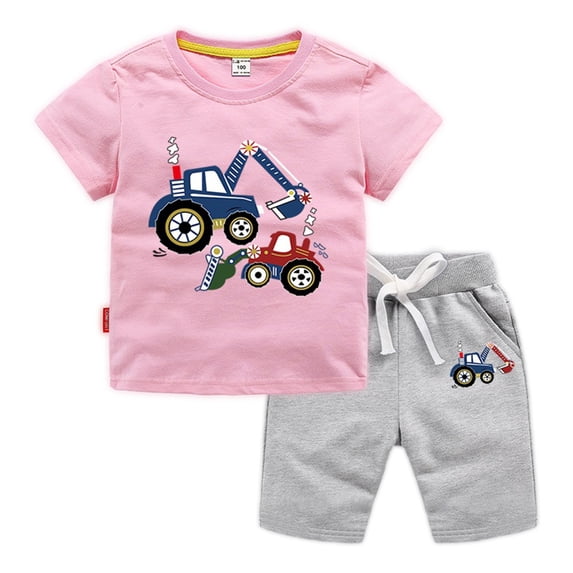 Esaierr Boys Outfit Set Clothes for Kids Baby Short Sleeve T Shirt Top 1-8Years Boys Shorts with Pocket Cute Cartoon Excavato Summer Outfit 2Pcs Set