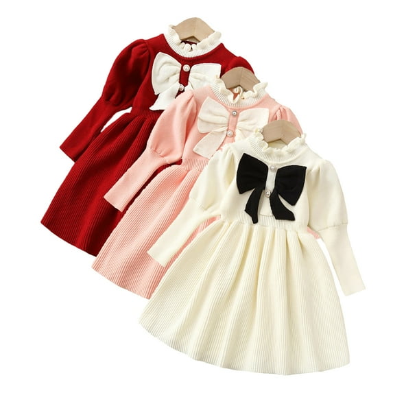 Esaierr Girl Bow Tie Knit Dress for Kids Toddler Baby Sweater Fall Dress Long Sleeve Vintage Fashion Casual Dress