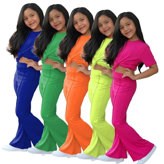 Esaierr Girls 2Pcs Tees Set for Kids Baby,Short Sleeve Crewneck T-Shir + Flare Pants Set Newborn Lounger Outfits Clothes Set Toddle Girls Summer Outfits,Size 18M-10Years