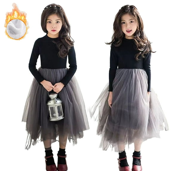 Esaierr Girls Fall Winte Dresses for Kids Toddler,3-12Y Baby Long Sleeve Pullover Fleece Tutu Dress Little Big Girls Dress Fluffy Tulle A-Line Princess Dress Tulle Skirt Black Party Dresses