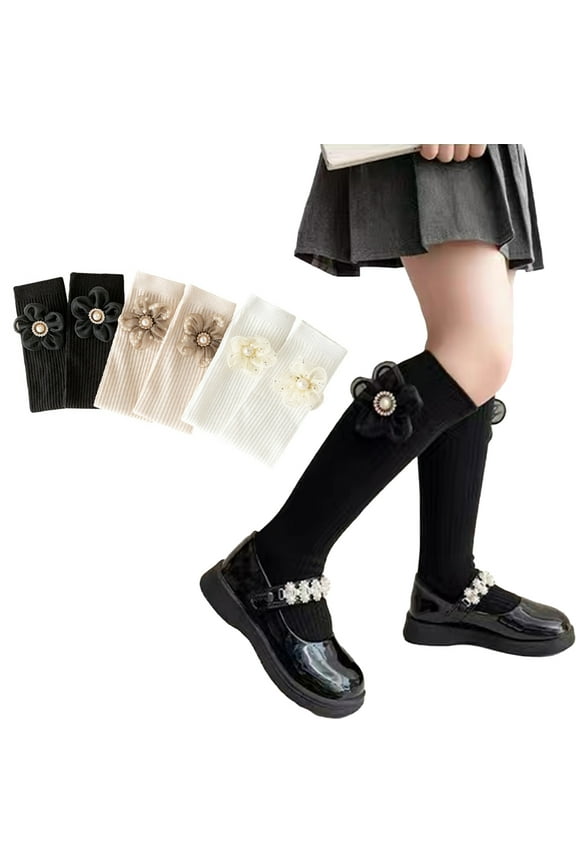 3 Pairs Toddler Girls Knee High Socks With Flower Kids Long Socks Spring Autumn Cotton Socks for 3-12Y