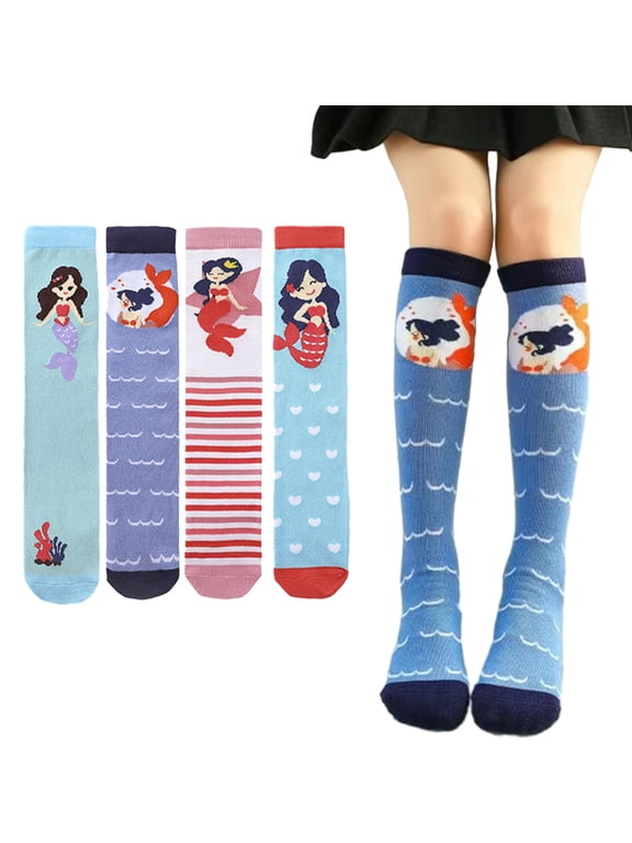 Girls Knee Socks for Kids Girl Long Socks 2 Pack Stack Socks Girls Knee High Socks 6-8 Years Old Stockings for Girls 3-12years Old-Summer Spring Cartoon High Socks for Kids