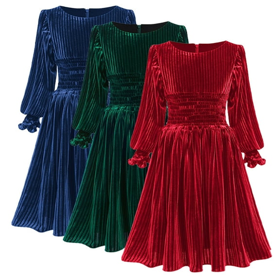 Esaierr Girls Long Sleeve Velvet Dress Crewneck Midi Fall Winter Striped Dress Long Sleeve Velvet Party Gown Princess Dress for Kids Toddler 2-13Y