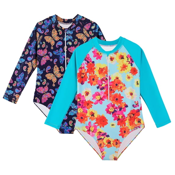 Esaierr Girls One Piece Swimsuits for Kids Girls Hawaiian Bathing Suit Upf 50+ Sun Protection Toddler Long Sleeve Sunscreen Printed Swimwear for Girls 4-12T