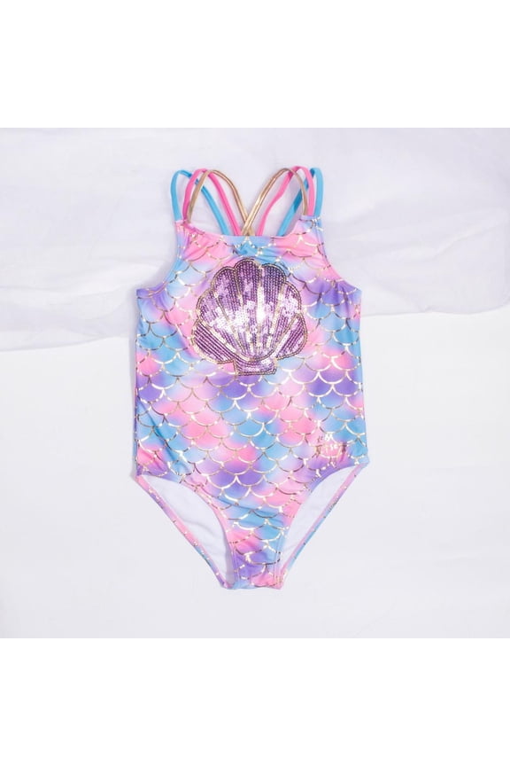 Girls Sequin Swimsuit One-Piece Beach Sport Athletic Bathing Suit for Kids 3-8Y