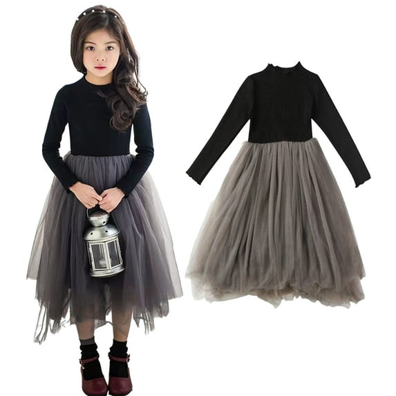 Esaierr Girls Spring Fall Dresses for Kids Toddler,Baby Long Sleeve Pullover Tutu Dress Little Big Girls Dress Fluffy Tulle A-line Princess Dress Tulle Skirt Black Party Dresses for 3-12Y