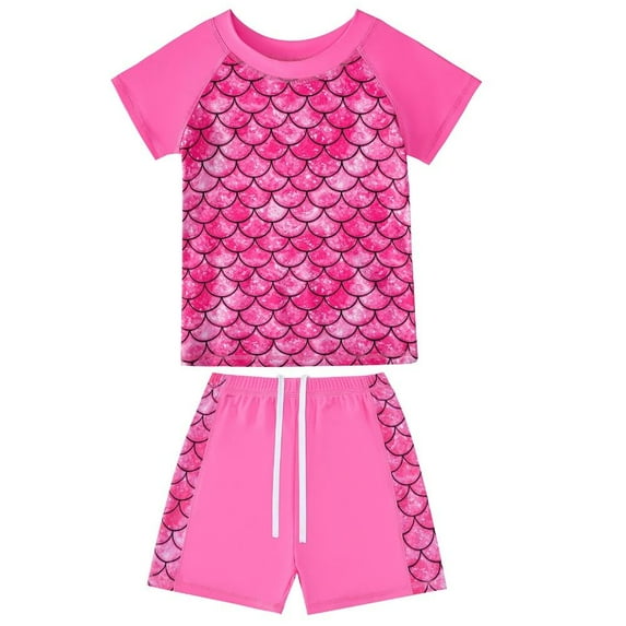 Esaierr Girls Swimsuits Short-Sleeved Shorts 2 Piece Printed T-Shirt Bathing Suit for 4-12Y