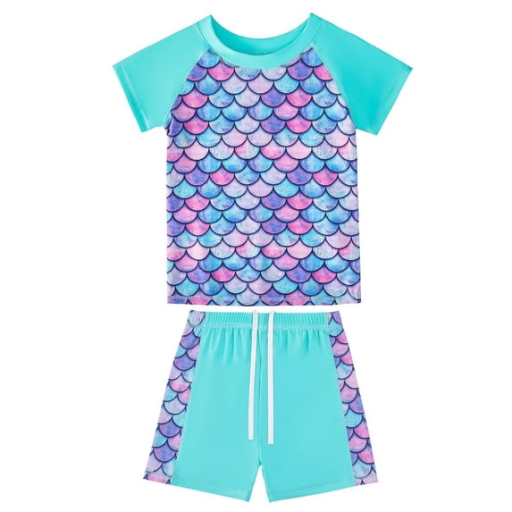 Esaierr Girls Swimsuits Short-Sleeved Shorts 2 Piece Printed T-Shirt Bathing Suit for 4-12Y