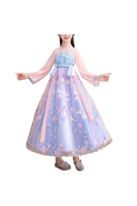 Girls Traditional Hanfu Dress Toddler Embroidery Long-Sleeved Performance Outfit 2-14Y