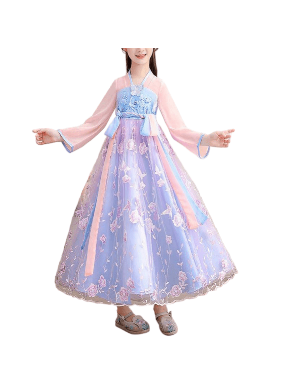 Girls Traditional Hanfu Dress Toddler Embroidery Long-Sleeved Performance Outfit 2-14Y