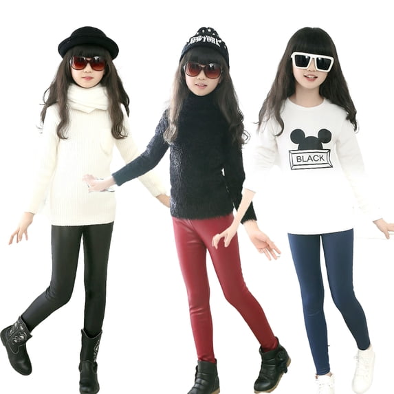 Esaierr Girls Winter Faux Leather Leggings for Kids Baby 3-12Y Warm Fleece Lined Long Pants Teens Stretch Pants Thick Fleece Lined Faux Leather Stretchy