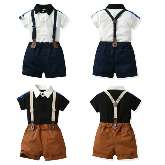 Esaierr Kids Baby 2Pcs Summer Gentleman Outfit Suits for Boys,Toddler Short Sleeved Solid Color Top Dress Shirt Suspender Shorts Newborn 2Pcs Summer Set ,Sizes 3M-6T