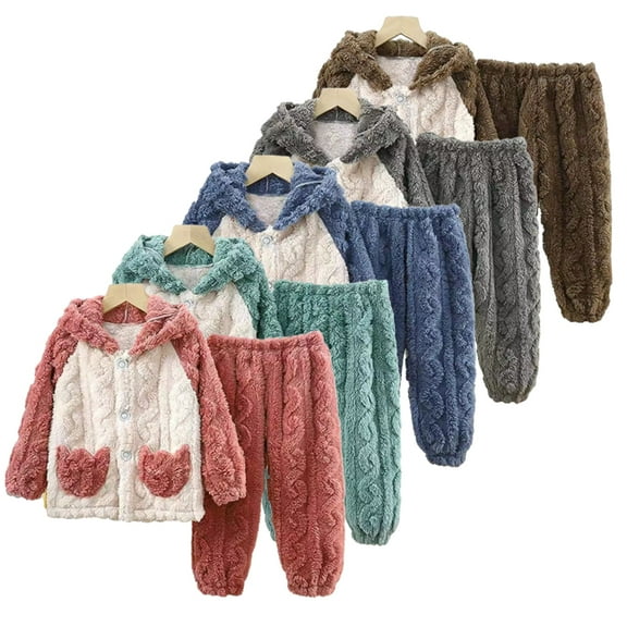 Esaierr Kids Baby 2Pcs Winter Fleece Hooded Pajamas Pjs Outfit for Boys Girls,1-10Y Toddler Winter Pj Outfit Kid Autumn Winter Sleepwear Home Wear Thickened Warm Loungewear