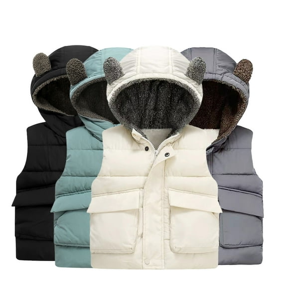 Esaierr Kids Baby Boys Girls Winter Vest Coat, Ears Hooded with Pocket Fleece Waistcoat Top Toddler Warm Sleeveless Outwear Cotton Vest for 2-6Y