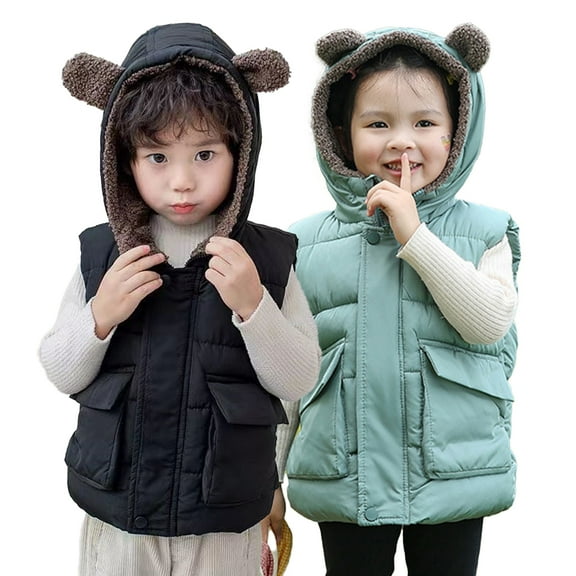 Esaierr Kids Baby Boys Girls Winter Vest Coat, Ears Hooded with Pocket Fleece Waistcoat Top Toddler Warm Sleeveless Outwear Cotton Vest for 2-6Y