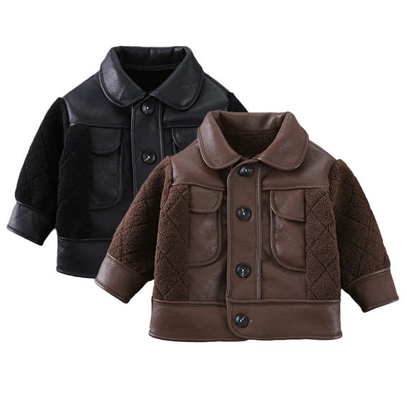 Esaierr Kids Baby Boys Jacket 2-6Y Toddler Leather Jacket Coat Kid Leather Jacket Fashion Lapel Autumn Winter Outerwear
