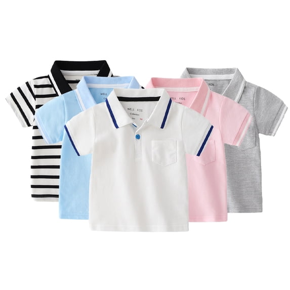Esaierr Kids Baby Boys Lapel Shirts Solid Colour Stripe Short Sleeve T-Shirts Tops Summer Casual Comfortable Cotton Tees 1-6T
