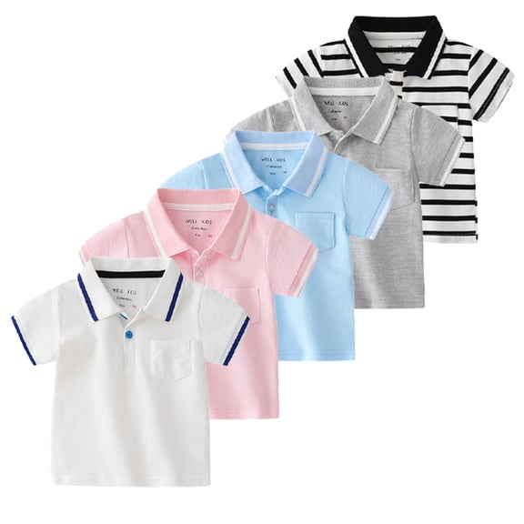 Esaierr Kids Baby Boys Lapel Shirts Solid Colour Stripe Short Sleeve T-Shirts Tops Summer Casual Comfortable Cotton Tees 1-6T