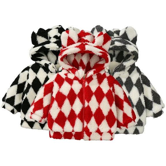 Esaierr Kids Baby Fleece Hooded Jacket for Boys Girls Zip up Cute Lattice Hood Coat Plush Toddler Thicken Warm Overcoat Winter Newborn Outwear for 6M-6Y