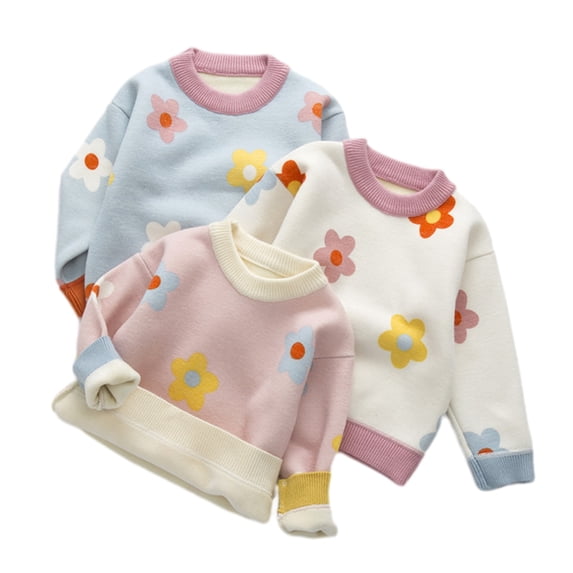 Esaierr Kids Baby Girls Crewneck Sweater Fall Winter Padded Thickened Flower Sweater for 1-7Y
