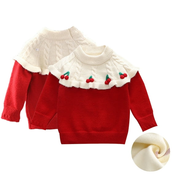 Esaierr Kids Baby Girls Knit Sweater Fleece Knite Pullover Cartoon Thick Sweatshirts Tops 1-6Y Toddler Newborn Red Autumn Winter Sweaters Round Neck Long Sleeve Knit Shirt